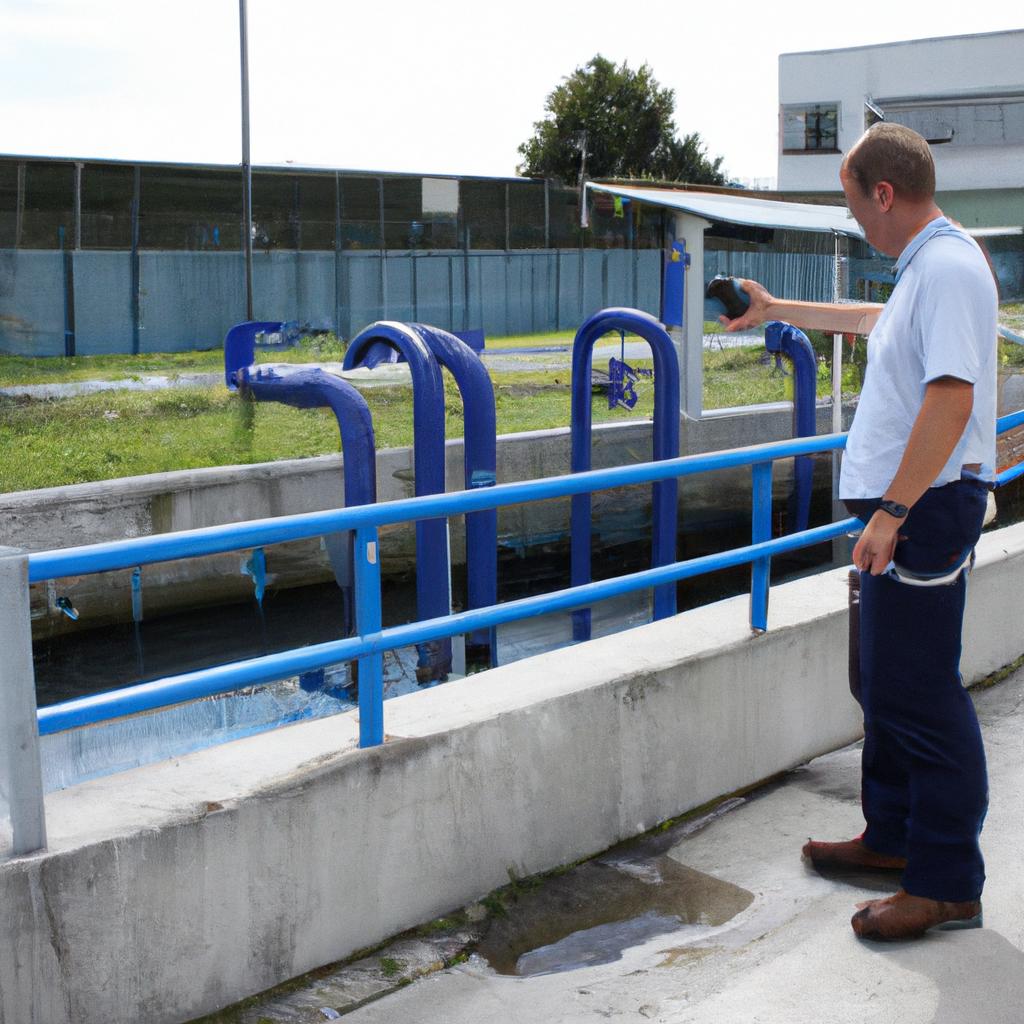 Person inspecting wastewater treatment equipment